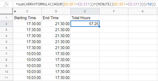 One line formula to calculate and sum time difference.