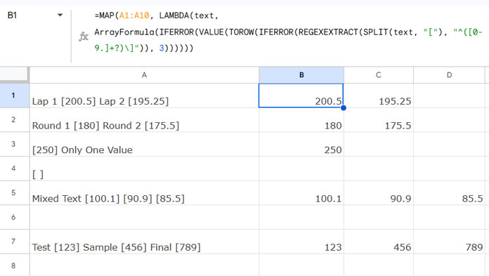 Formula extracting numbers from square brackets across multiple cells in Google Sheets, displaying numeric results for each row