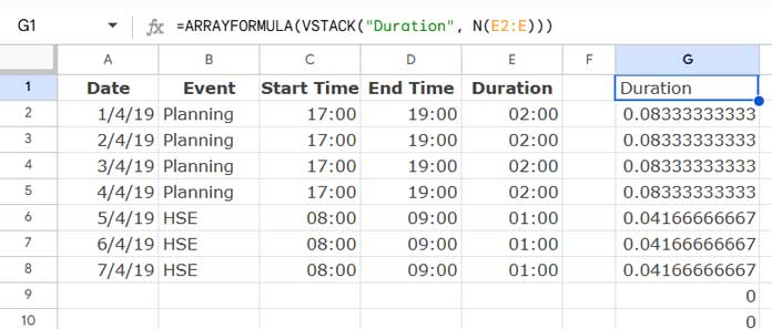 Example showing how to convert duration to numeric format for use in Google Sheets QUERY function