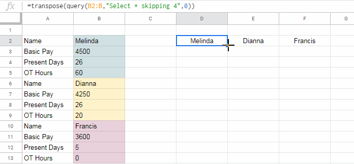 Query skipping to move each set of rows to proper columns