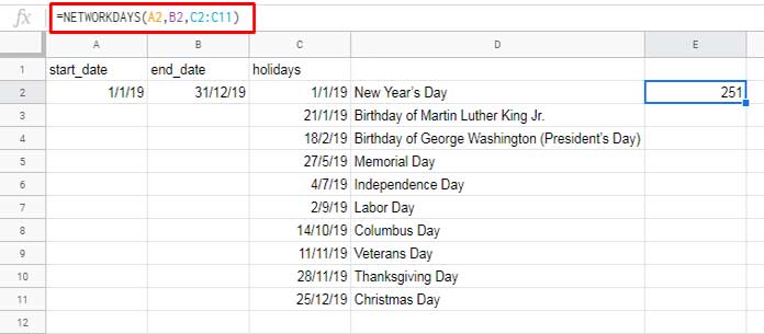 Examples of the NETWORKDAYS function in Google Sheets