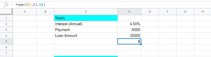 NPER function in Google Sheets in yearly payments