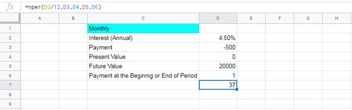 NPER function to calculate the period of investment goal