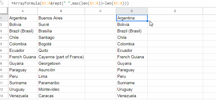 Padding values with spaces in Google Sheets - Array Formula