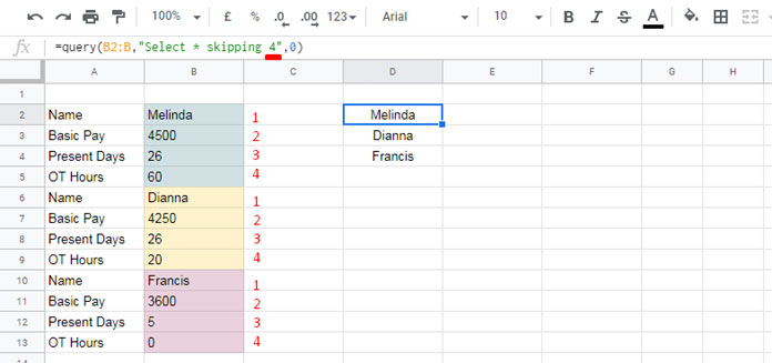 Skip 'n' rows Docs Sheets