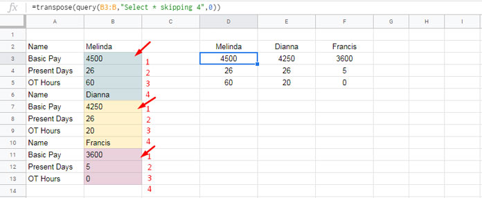 Change the skipping range by dragging the formula down