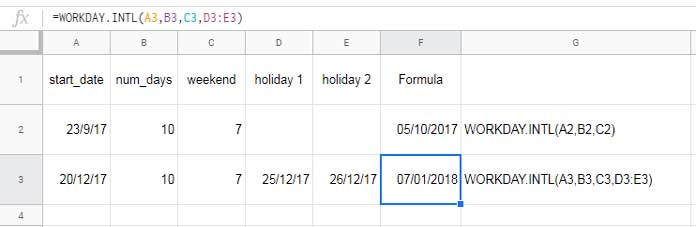 Formula example to the WORKDAY.INTL function Sheets