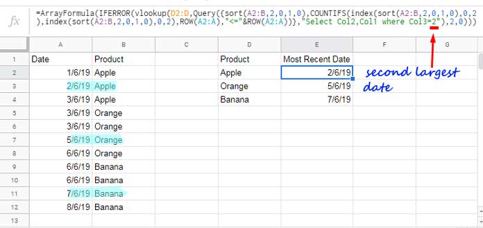 Nth Largest Date in Each Group in Google Sheets