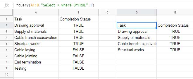 Example of Boolean Literals in Google Sheets QUERY