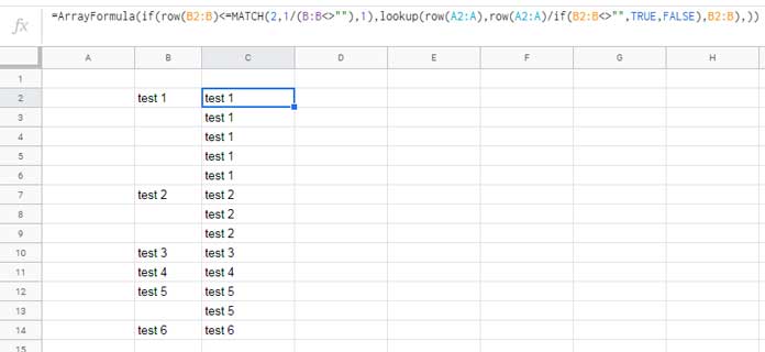 Lookup to fill blank cells with the values above in Google Sheets