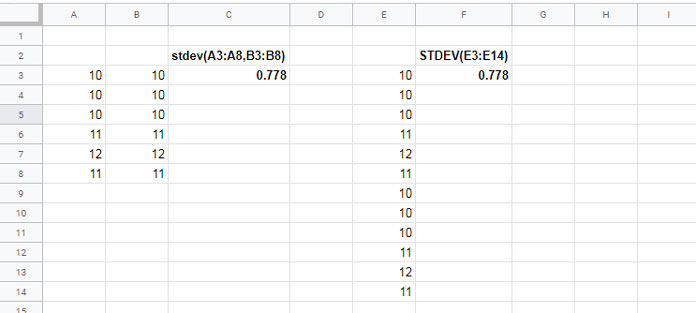 Two arguments in Sheets STDEV formula