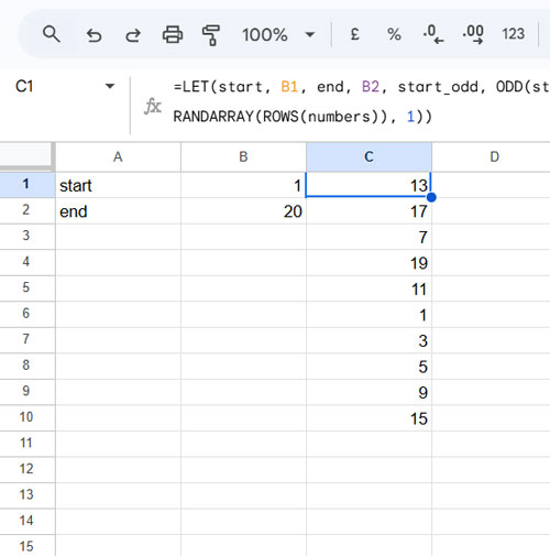 Generating all odd random numbers within a specified range in Google Sheets