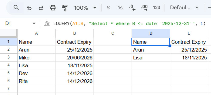 Example of Date Literals in Google Sheets QUERY