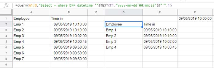 Example of DateTime Literals in Google Sheets QUERY