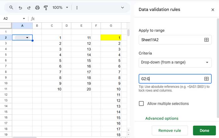 Specifying a helper range for a data validation drop-down in Google Sheets