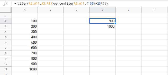 Extract top n percent values in Sheets