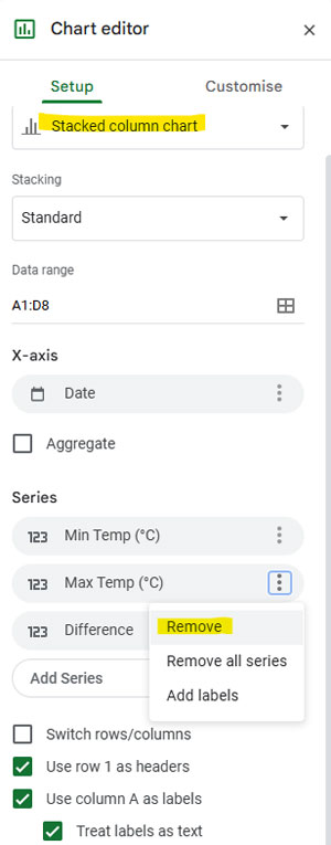 Google Sheets Chart Editor with Stacked Column Chart selected in Setup tab