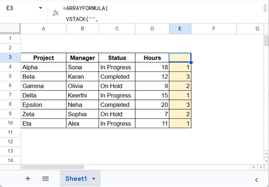 Google Sheets sample data with a helper column defining a custom sort order for Pivot Table columns