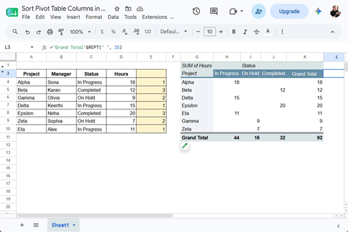 Restoring the Grand Total label in a Google Sheets Pivot Table after hiding the helper row