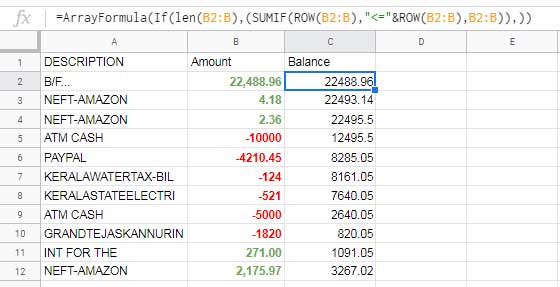 Illustration demonstrating the calculation of running balance when debit and credit transactions are in the same column