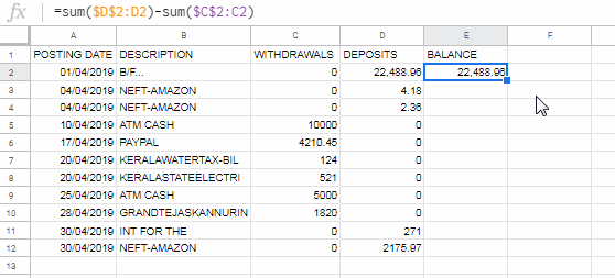 Non-array formula depicting running balance in Google Sheets with separate debit and credit transactions columns