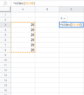 Example to STDEV Function in Google Sheets