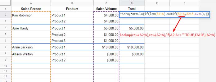 Formula that fills down blank cells in SUMIF range