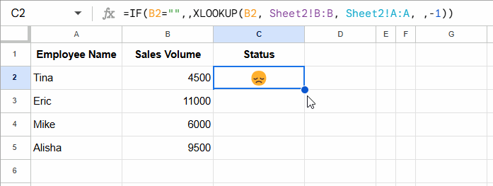 Using XLOOKUP to Insert Emojis Based on Values in Google Sheets