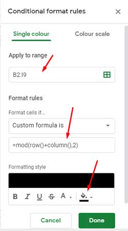 Chessboard Squares formatting rules