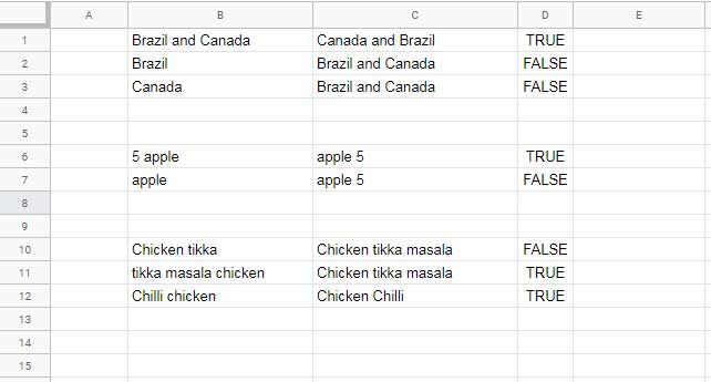 Compare two strings irrespective of the word positions in Sheets