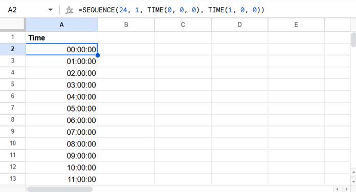 Time series generated with SEQUENCE to increment time by 1 hour in Google Sheets (array formula result)