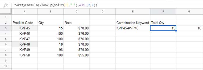 Keyword Combinations in Vlookup in Docs Sheets