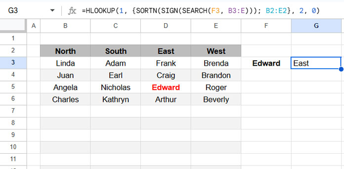 Example of using HLOOKUP to search a value in an entire table and return the header in Google Sheets
