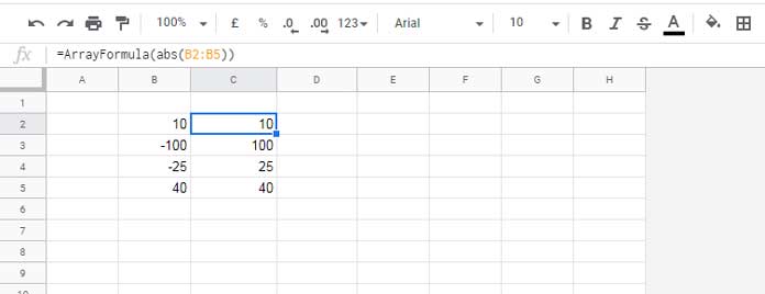 ABS function in Google Sheets array formula example