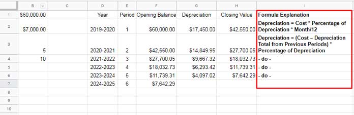 Comparison of DB Function in Excel vs. Google Sheets - Formula Overview 1