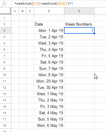 google sheet week number