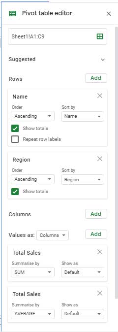 Total Settings for a Pivot Table to Extract Total Rows