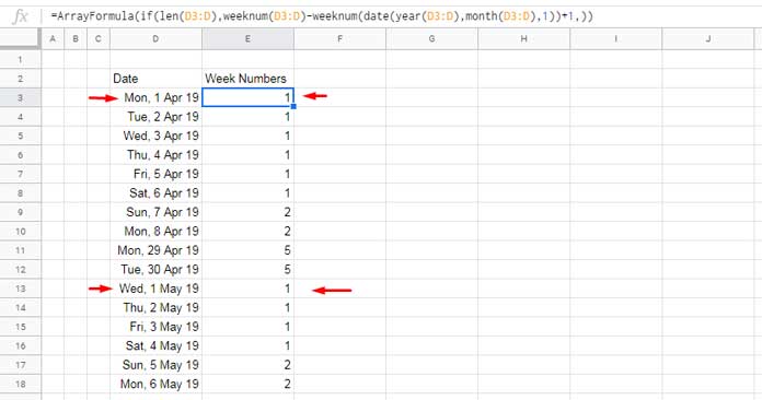 google sheets week number