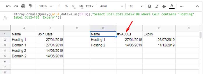 The DATEVALUE function returns header row error