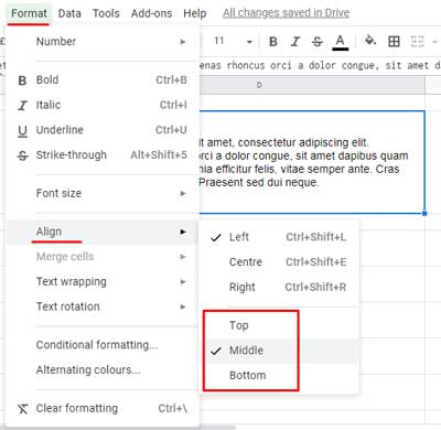 How to vertically align text in a cell in Docs Sheets