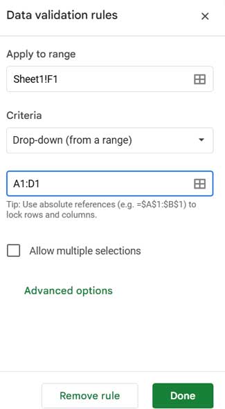 Google Sheets dropdown settings showing column headers as options