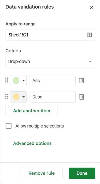 Dropdown menu in Google Sheets with Asc and Desc options