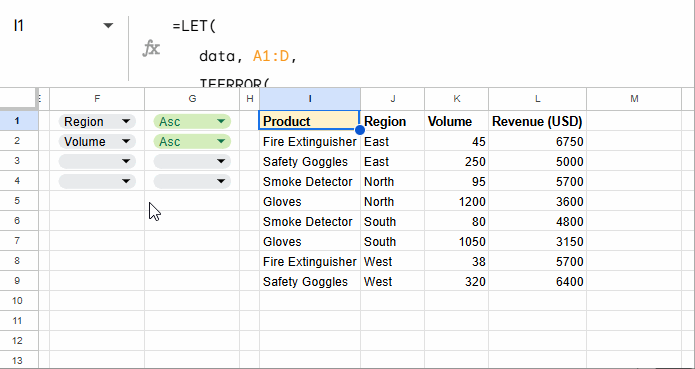 Google Sheets data sorted dynamically using dropdown selections