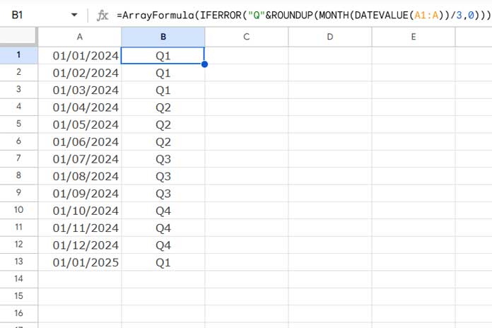 Example of extracting quarters from a date range in Google Sheets