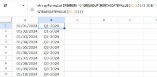 Example of extracting quarters and years combined from a date range in Google Sheets