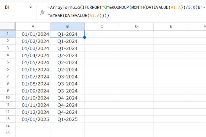 Example of extracting quarters and years combined from a date range in Google Sheets