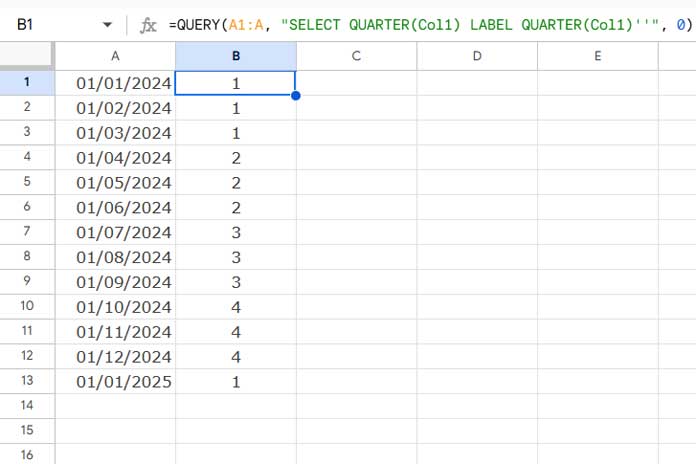 Extracting quarters in numeric format using the QUERY function in Google Sheets