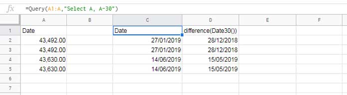 Subtracting 30 days from a date column in Query