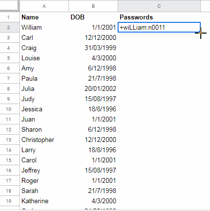Formula to generate a list of passwords in Google Sheets