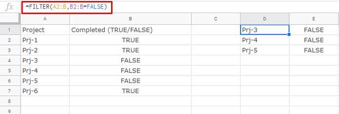 Google Sheets FALSE Function in Filtering